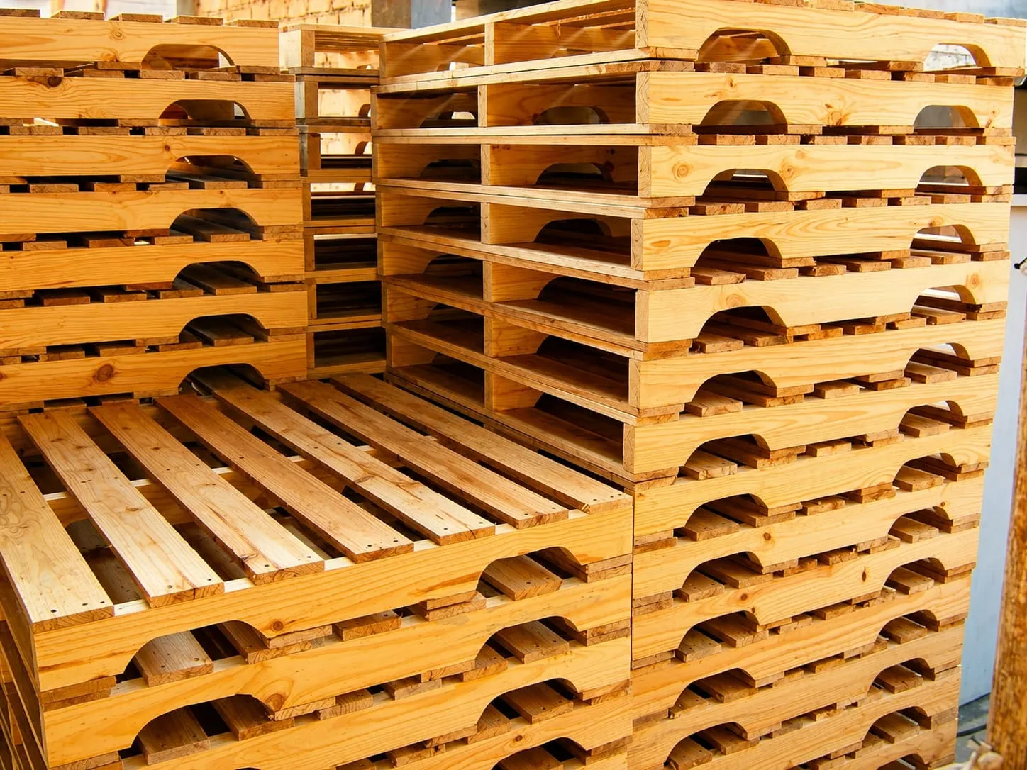 Pallets de madera apilados en la operación de FORCAX